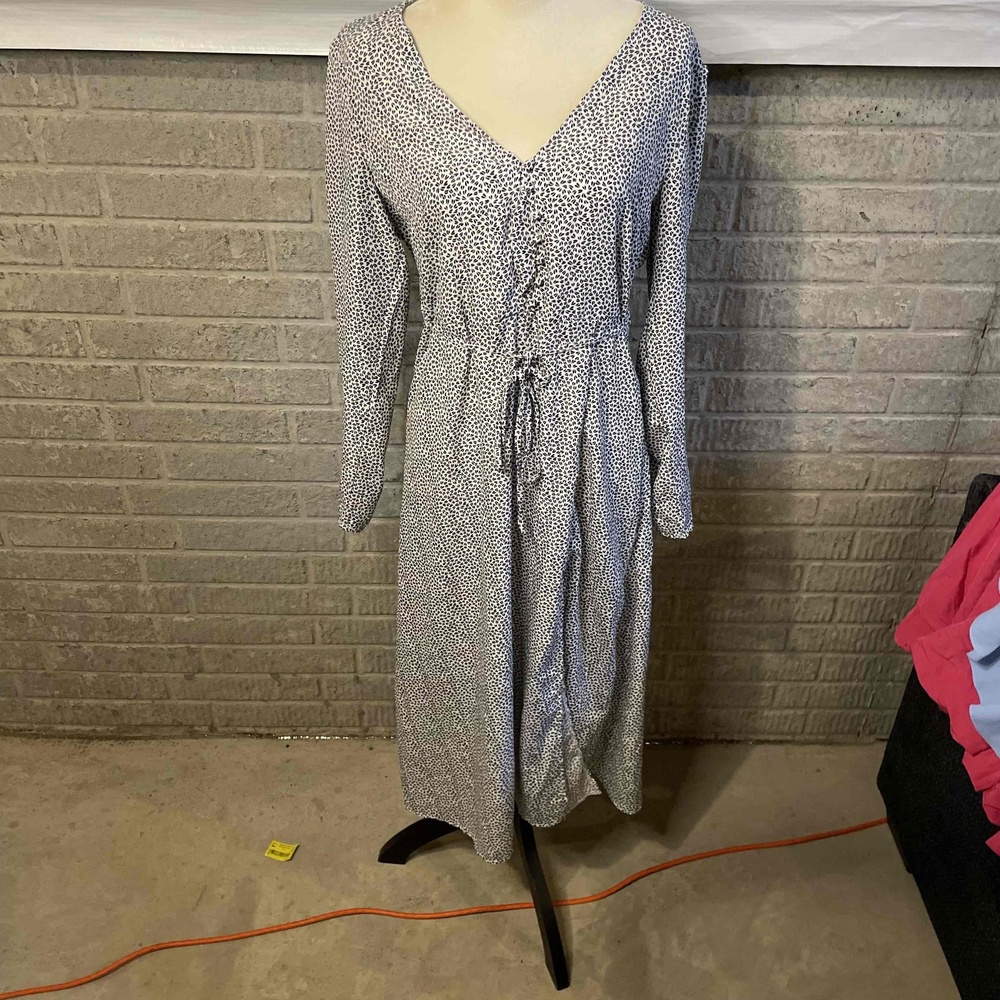 Missguided White Sprinkle Print Half Button Long‎ Sleeve Midi Tea Dress Large